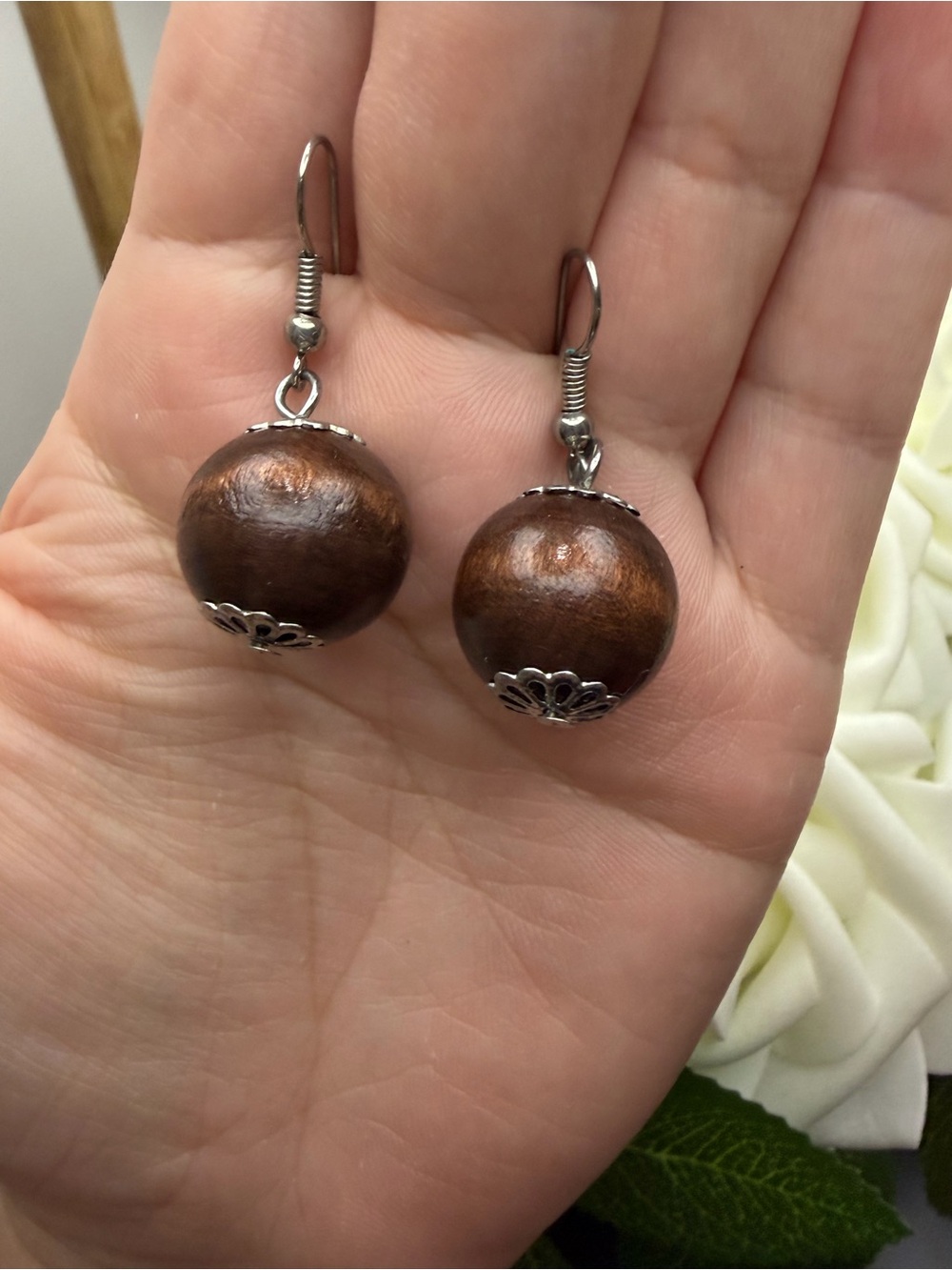 Handcrafted Brown Wooden Ball Drop Earrings